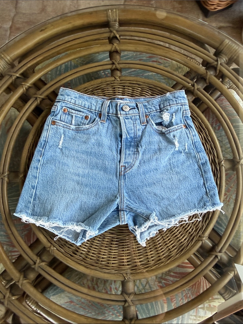 Levi's Light Blue Distressed High-Rise Denim Shorts